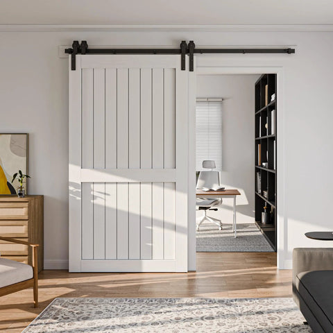 Interior room with white barn doors on Bypass Sliding Barn Door Hardware Kit Single Track System In Carbon Steel Easy To Install