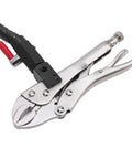 Silver locking pliers with black mounting block and red handle; metal tool for brake disc measurement.