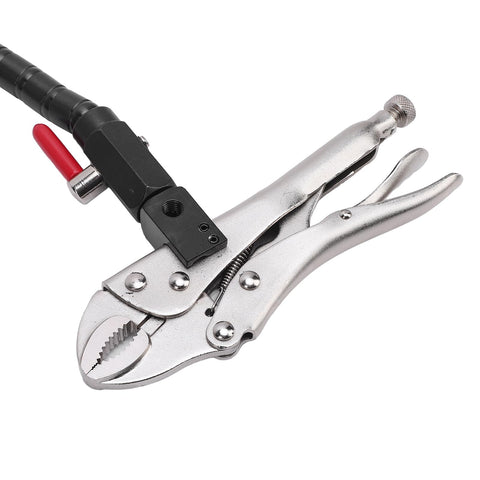 Silver locking pliers with black mounting block and red handle; metal tool for brake disc measurement.