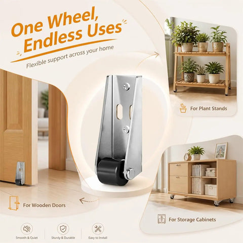 Two Pack Low Profile Rubber Caster Wheels Non Slip Side Mount Fixed Casters For Furniture Drawer Door Bookcase Slick Silver Glide Effortless 0.8 Inch Diameter with a black wheel on a wooden door.