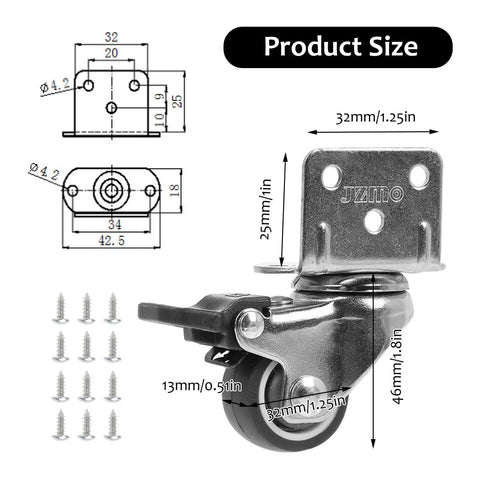 Battle Ready Caster Set Of Four Heavy Duty Thermoplastic Rubber Locking Swivel Wheels With Retractable Brakes For Workshop Tables Rolling Carts And Heavy Gear Silver 1.25 Inch product size and dimensions diagram
