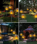 Four Pack Outdoor Solar Torch Lights With Lit Flickering Flame 33 LED Waterproof Tiki Torches in garden and patio setup
