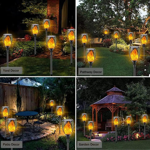 Four Pack Outdoor Solar Torch Lights With Lit Flickering Flame 33 LED Waterproof Tiki Torches in garden and patio setup