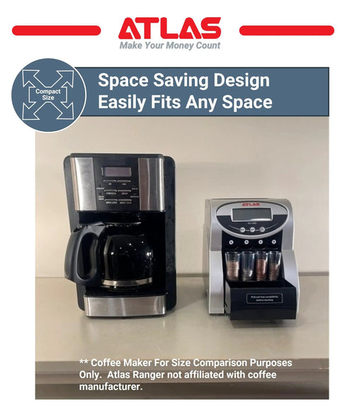 Automatic Coin Counter And Sorter With Digital Display For Loose Change Processing Features Anti Jam Feeder And Five Fast Modes for efficient coin sorting alongside a coffee maker.