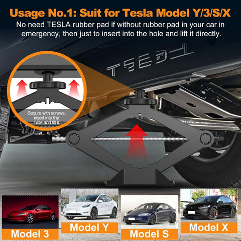 Heavy Duty Scissor Car Jack Kit For Tesla And Suv 2.5 Ton Capacity Reversible Lift Design shown in use with Tesla Model Y and S.