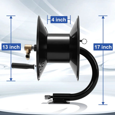 Heavy Duty Pressure Washer Hose Reel 100 Ft With Manual Crank, Steel Construction, Swivel Arm, 3/8 Inch NPT Outlet, 4000 PSI frame