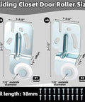 Image showing details of a 12 Pcs Closet Sliding Door Roller Kit With 24 Screws For Top Hung Bypass Closet And Kitchen Doors, Includes One Quarter Inch And One Half Inch Wheels For Easy Replacement And Smooth Operation.