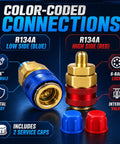 R134a Quick Coupler Kit 2 Pack With 1 Quarter SAE Thread Pro Grade Auto AC Service Adapters For DIY Techs Compatible With Manifold Gauges And Vacuum Pumps For Refrigerant Recharge Fits Mini Split Car AC Maintenance, blue and red brass couplers