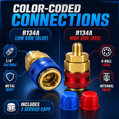 R134a Quick Coupler Kit 2 Pack With 1 Quarter SAE Thread Pro Grade Auto AC Service Adapters For DIY Techs Compatible With Manifold Gauges And Vacuum Pumps For Refrigerant Recharge Fits Mini Split Car AC Maintenance, blue and red brass couplers