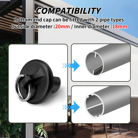 Sun Shade Replacement Parts Kit With Heavy Duty Reinforced Tie Downs And End Caps With Rings, pipe compatibility illustration