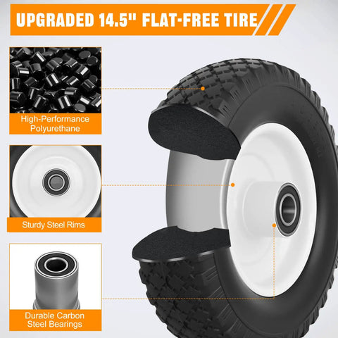 Flat Free 4.10/3.50-6 Replacement 12 Inch Wheel With 1 In. Axle Bore, solid PU tire with steel rim and carbon bearings