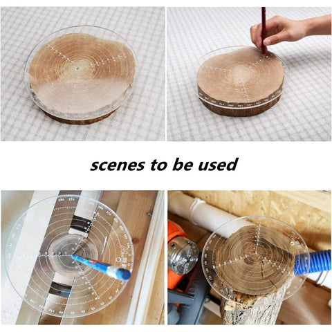 8-inch round center finder compass, transparent acrylic with concentric circle marks and edge scale for woodworking.
