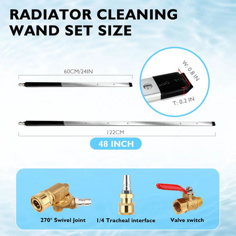 Ultra Reach Radiator Cleaning Wand Set With 48 Inch And 24 Inch Wands, shown with swivel joint, tracheal interface, and valve switch.