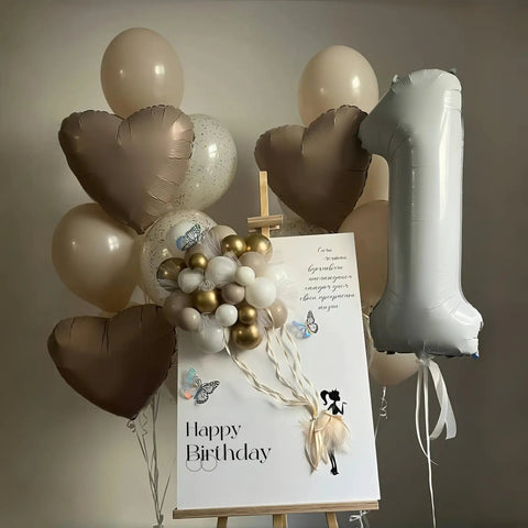 Giant Forty Inch Beige Mylar Foil Number 1 Balloon With Straw For First Birthday And Age Milestone Party Decorations displayed with heart balloons.
