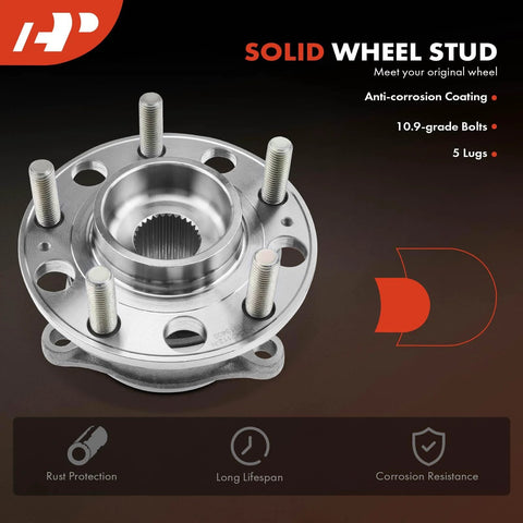 Front view of wheel hub assembly with bolts and lugs, anti-corrosion coating, fits Two Pack Wheel Bearing And Hub Assemblies Direct Fit 5 Lug.