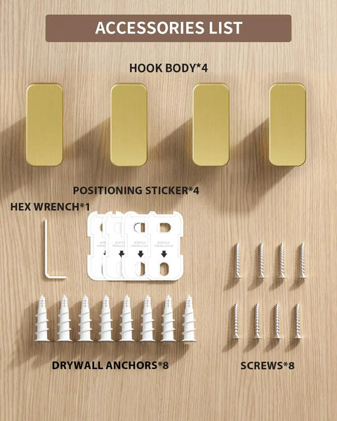 Four Pack Brushed Gold Towel Hooks For Bathroom And Mudroom Heavy Duty Wall Hangers With Screws and Accessories Flat Lay