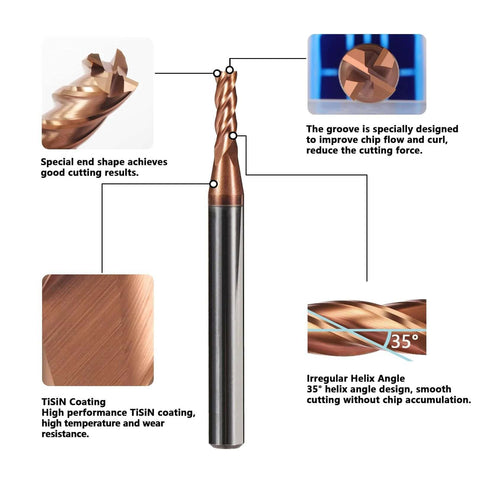 Carbide square-end mill, 1/16 in diameter, 4-flute, TiSiN coated
