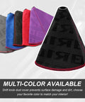 SHMZK car shift boot cover, fabric gaiter; black boot with red stitching, multi-color options visible in background.