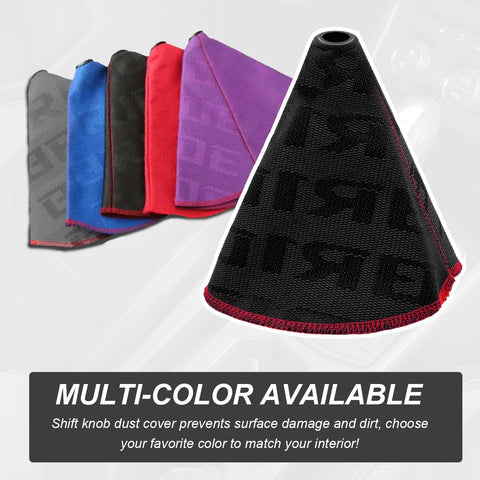 SHMZK car shift boot cover, fabric gaiter; black boot with red stitching, multi-color options visible in background.