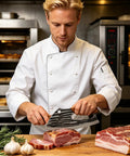 Chef using Two Piece Meat Cleaver Set For Home Chefs And Grill Masters Carbon Steel Kitchen Knife to slice meat