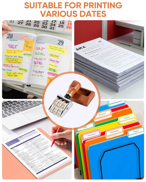 Super Handy Self Inking Roller Date Stamp prints day month year for calendars, documents, and folders on various paper types.