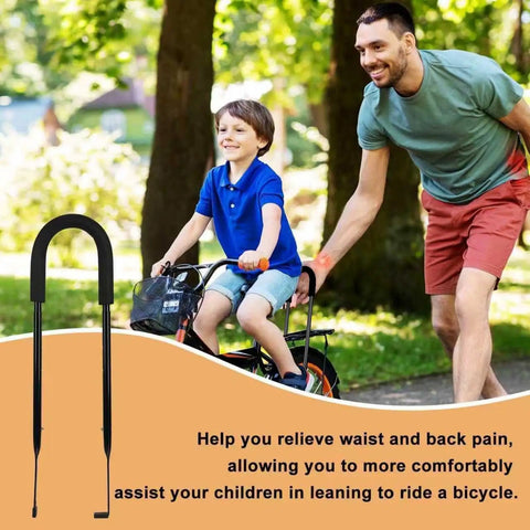 Dad assisting son on bike with Adjustable Bike Training Handle For Kids, Parental Stabilization Bar And Multi Position Balance Trainer