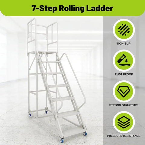 Pro Grade Seven Step Rolling Ladder With Full Handrails, Heavy Duty Steel Platform Cart For Garage Or Warehouse, Ironclad Workhorse Built Tough To Handle Fifteen Hundred Pounds Daily
