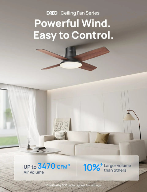 44 Inch Low Profile Ceiling Fan With Led Light And Remote Six Speed Reversible Timer Whisper Quiet Bedroom Flush Mount Lighting Fixture in a modern living room.