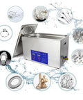 Heavy Duty 30L Ultrasonic Cleaner, 500W Power, Digital Control Panel, Heating And Timing Functions For Jewelry Watches Tools Stainless Steel Bath Portable Dishwasher with tools and jewelry around it.