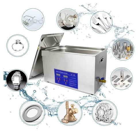 Heavy Duty 30L Ultrasonic Cleaner With 500W Power And Digital Control Panel alongside jewelry and small parts for cleaning.