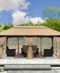 10x20 Outdoor Gazebo With Mosquito Netting, Beige All Weather Steel Frame Canopy in garden, offering shade and rain protection