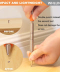 Professional Grade Spring Loaded Dual Head Nail Setter And Center Punch Workhorse Built From Heat Treated Steel for woodworking, showcasing before and after nail removal.