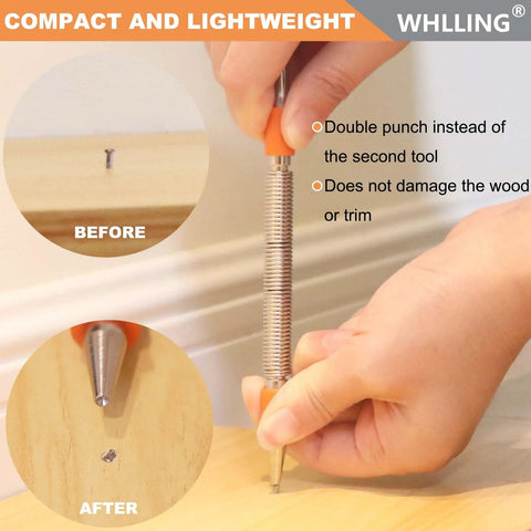 Professional Grade Spring Loaded Dual Head Nail Setter And Center Punch Workhorse Built From Heat Treated Steel for woodworking, showcasing before and after nail removal.