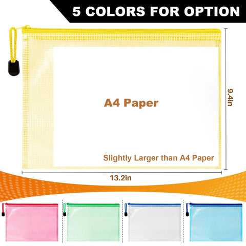 Large Mesh Zipper Pouch Bags 5 Pack Grab And Go Waterproof Clear Storage Pouches 13.2 x 9.4 Inches assorted colors display.