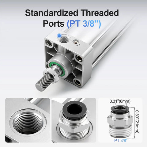 Detailed view of Pneumatic Air Cylinder With Two And A Half Inch Bore And Four Point Nine Two Inch Stroke Heavy Duty Double Acting Single Rod M Sixteen By One Point Five Threaded Rod highlighting PT 3/8 threaded ports.