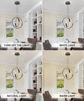 Black 2 Ring Chandelier With Remote Control Dimmable Hanging Light Fixture LED Suspended Light showing various light settings in room