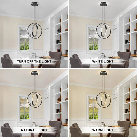 Black 2 Ring Chandelier With Remote Control Dimmable Hanging Light Fixture LED Suspended Light showing various light settings in room