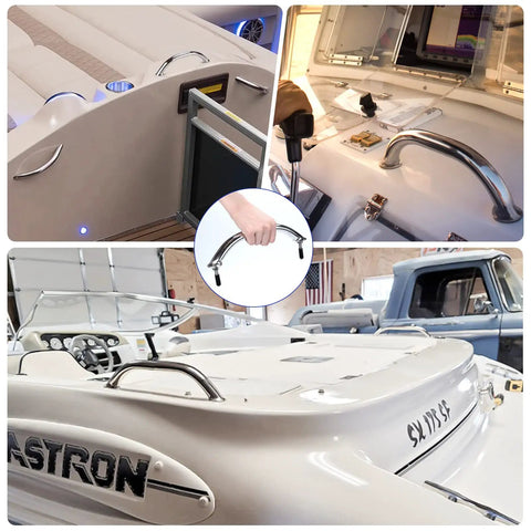 Two Pack Beefy Marine Stainless Boat Grab Handle, Heavy Duty Round Tube Handrail With Flange And Stud, Mirror Polished Finish, Anti Corrosion, 8-1/4 Inch Long installed on boat interiors and exteriors.