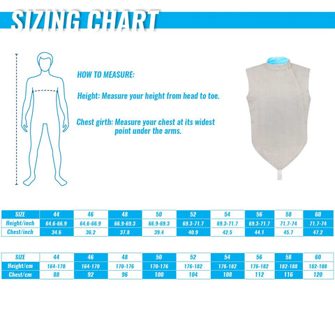 Sizing chart for Electric Foil Jacket For Fencing, Lightweight Yet Durable Foil Metal Vest For Men with height and chest measurements.