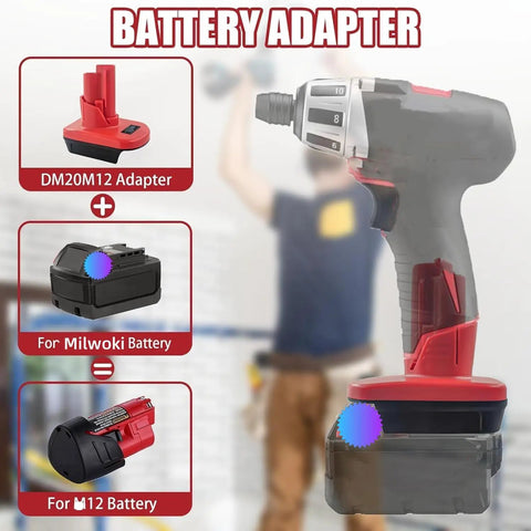 M18 To M12 Battery Adapter For Milwaukee 18V Tools Converts 18V Lithium Battery To 12V with drill illustration