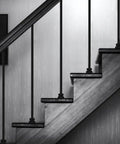 Staircase with 96 Pack Iron Baluster Shoes With Screws For Half Inch Square Balusters Satin Black No-Fuss Install