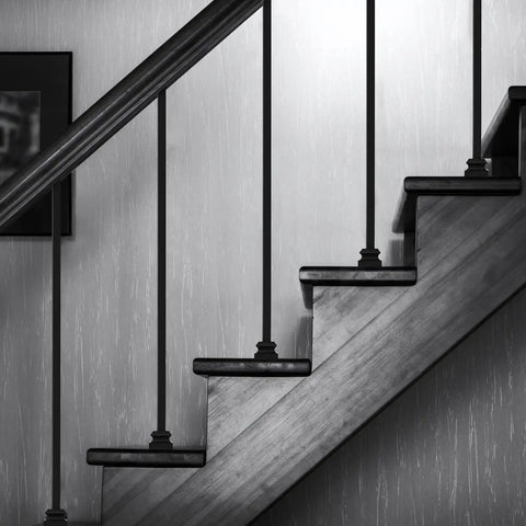 Staircase with 96 Pack Iron Baluster Shoes With Screws For Half Inch Square Balusters Satin Black No-Fuss Install