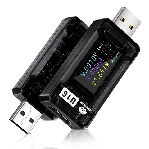 USB Power Meter Tester With 4-25V 5A LCD Display, showing voltage and current readings on its digital screen.