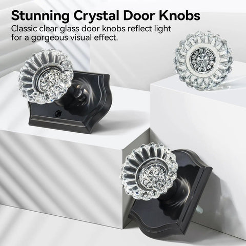 Vintage Black Crystal Glass Door Knobs With Lock For Privacy Interior Bedroom Bathroom Door Hardware Matte Black Finish Diamond Sunflower Design Heavy Duty Zinc Alloy Plates Classic Retro Look