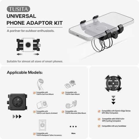 Tusita Universal Phone Adaptor Kit with bike mount attachment, compatible with various models for secure outdoor use.