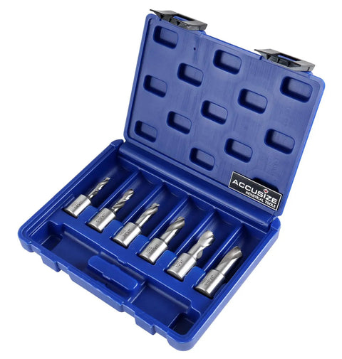 Six Piece HSS Drill Bit Set With 3/4 Inch Weldon Shank And 1 Inch Cutting Depth Fully Ground For Metal Wood And Aluminum in blue case