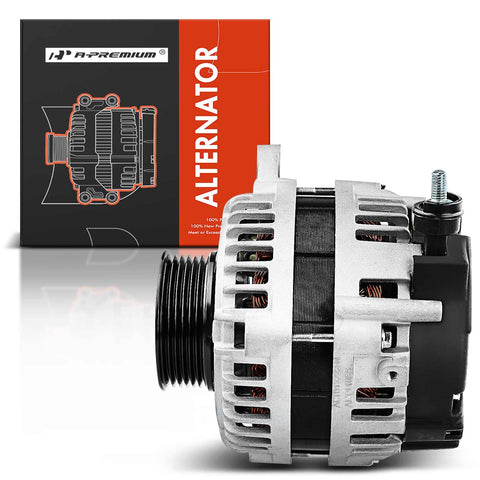 110 Amp 12V Alternator For Mitsubishi Lancer 2004 2005 2006 2.4L And Outlander 2003 2004 2005 2006 6 Groove Pulley Clockwise Replacement Part OEM Grade 1800A064 MN183450 shown next to box packaging.