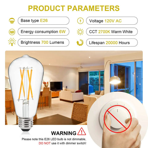 Vintage Edison LED Bulbs 6W Equivalent To 60W Warm White 2700K 95 Plus CRI Eye Protection Non Dimmable Clear Glass chart