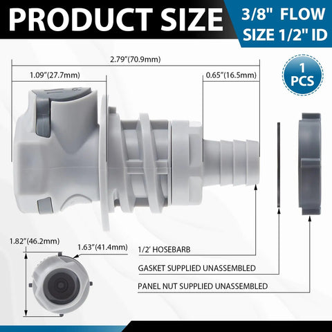 Leak-Free Tool-Free 1/2 Inch ID Valved Bulkhead Hose Barb With 3/8 Inch High Flow Quick Disconnect Coupling Panel Mount Fluid Fitting, gray side view
