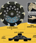 7 Inch High Performance Diamond Grinding Wheel For Concrete Paint Epoxy Mastic And Coating Removal Grit 30 40 With 10 Arrow Segments And 5 8 11 Arbor Fits Most Grinders, showing wheel dimensions and grit detail